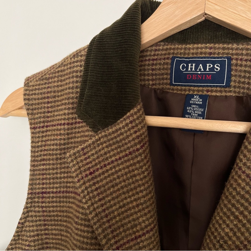 Vintage Chaps Denim Women's Brown Plaid Tweed Vest XL Wool Blend Classic Preppy - Picture 3 of 6